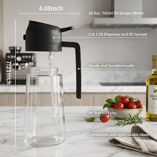 Valley Mart Premium 2-in-1 Oil Dispenser and Sprayer Bottle (500ml) with Collapsible Silicone Funnel | Spray & Pour Dispenser | Leakproof Glass Oil Bottle for Cooking, Salad & BBQ