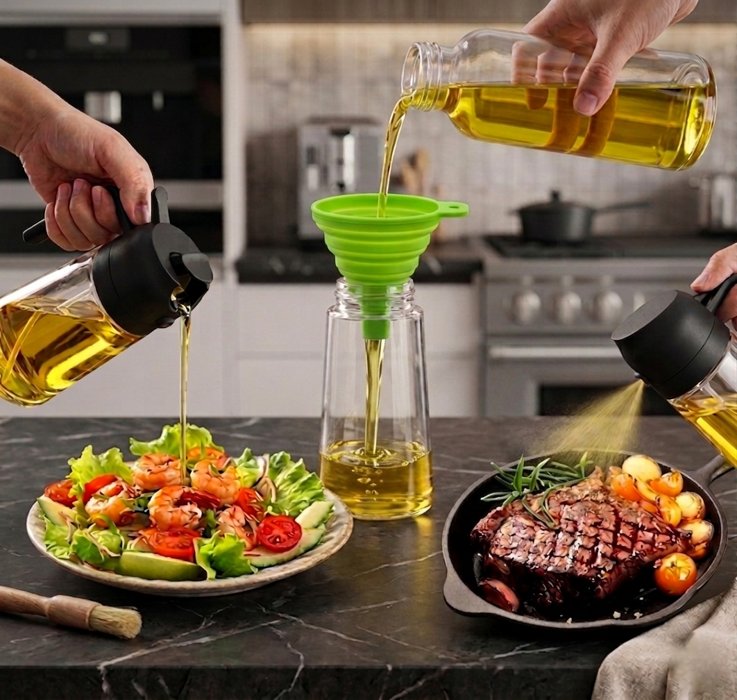Valley Mart Premium 2-in-1 Oil Dispenser and Sprayer Bottle (500ml) with Collapsible Silicone Funnel | Spray & Pour Dispenser | Leakproof Glass Oil Bottle for Cooking, Salad & BBQ