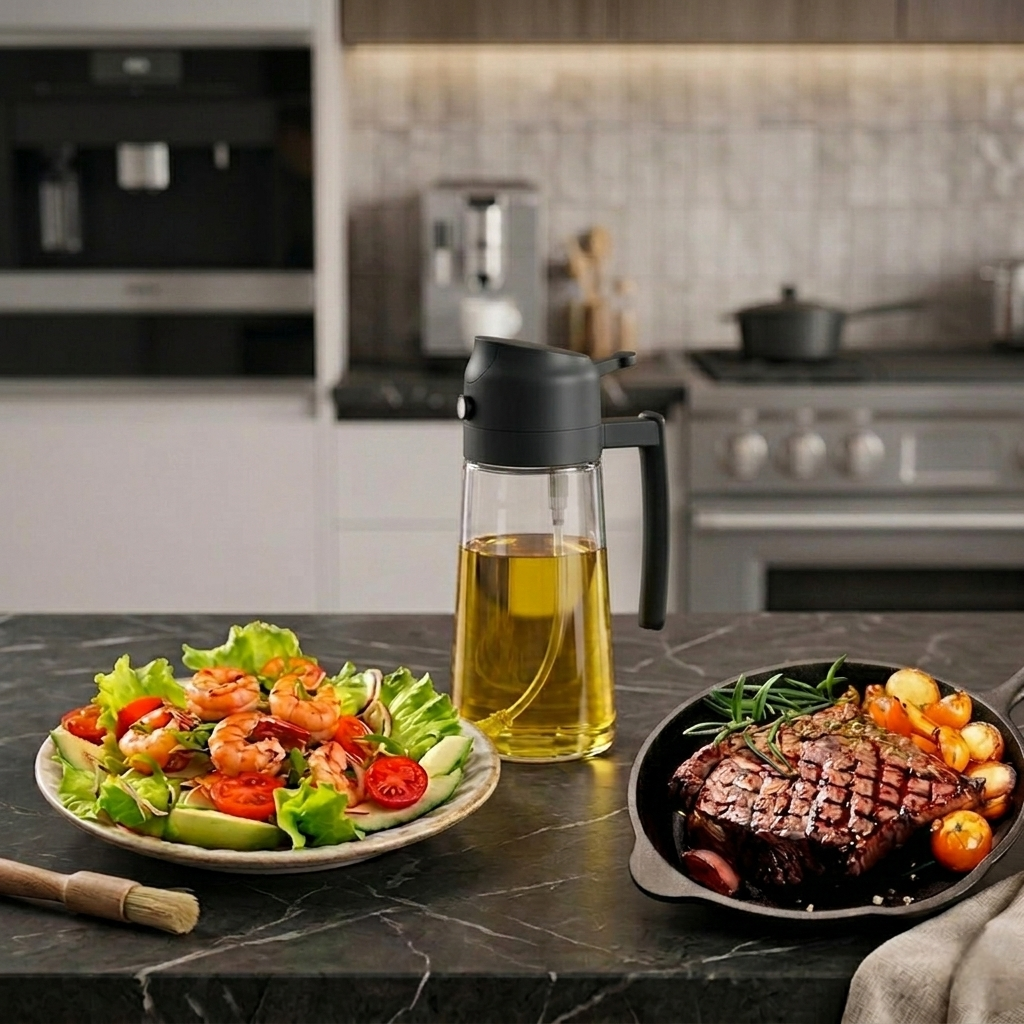 Valley Mart Premium 2-in-1 Oil Dispenser and Sprayer Bottle (500ml) with Collapsible Silicone Funnel | Spray & Pour Dispenser | Leakproof Glass Oil Bottle for Cooking, Salad & BBQ