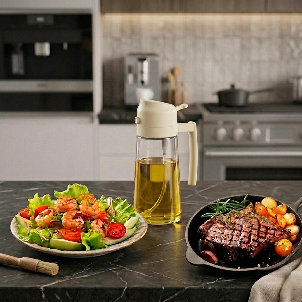 Valley Mart Premium 2-in-1 Oil Dispenser and Sprayer Bottle (500ml) with Collapsible Silicone Funnel | Spray & Pour Dispenser | Leakproof Glass Oil Bottle for Cooking, Salad & BBQ