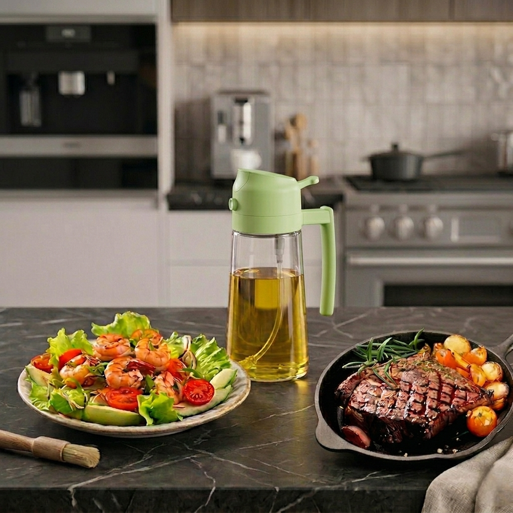 Valley Mart Premium 2-in-1 Oil Dispenser and Sprayer Bottle (500ml) with Collapsible Silicone Funnel | Spray & Pour Dispenser | Leakproof Glass Oil Bottle for Cooking, Salad & BBQ