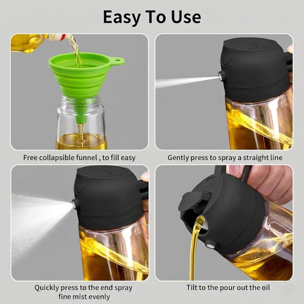 Valley Mart Premium 2-in-1 Oil Dispenser and Sprayer Bottle (500ml) with Collapsible Silicone Funnel | Spray & Pour Dispenser | Leakproof Glass Oil Bottle for Cooking, Salad & BBQ